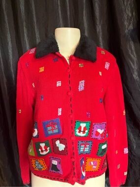 Vintage Red Holiday Patchwork Knit Jacket with Faux Fur Collar